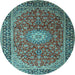 Round Machine Washable Medallion Light Blue Traditional Rug, wshtr1197lblu