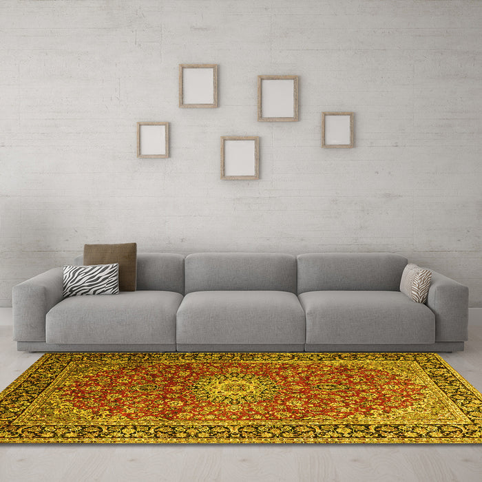 Machine Washable Medallion Yellow Traditional Rug in a Living Room, wshtr1197yw