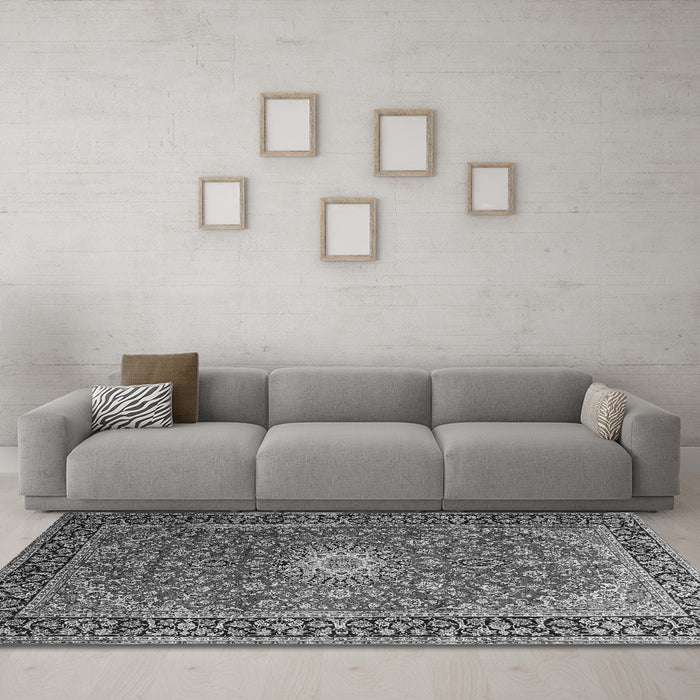 Machine Washable Medallion Gray Traditional Rug in a Living Room,, wshtr1197gry