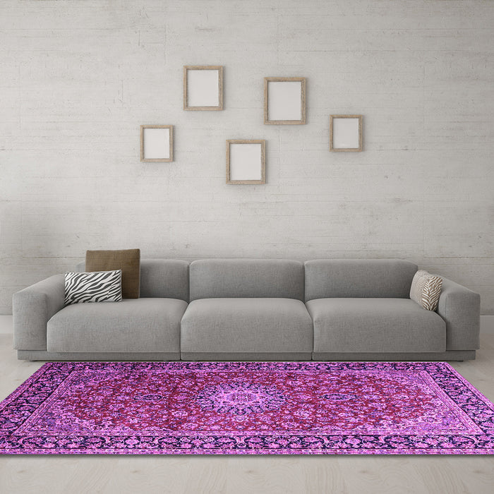 Machine Washable Medallion Purple Traditional Area Rugs in a Living Room, wshtr1197pur