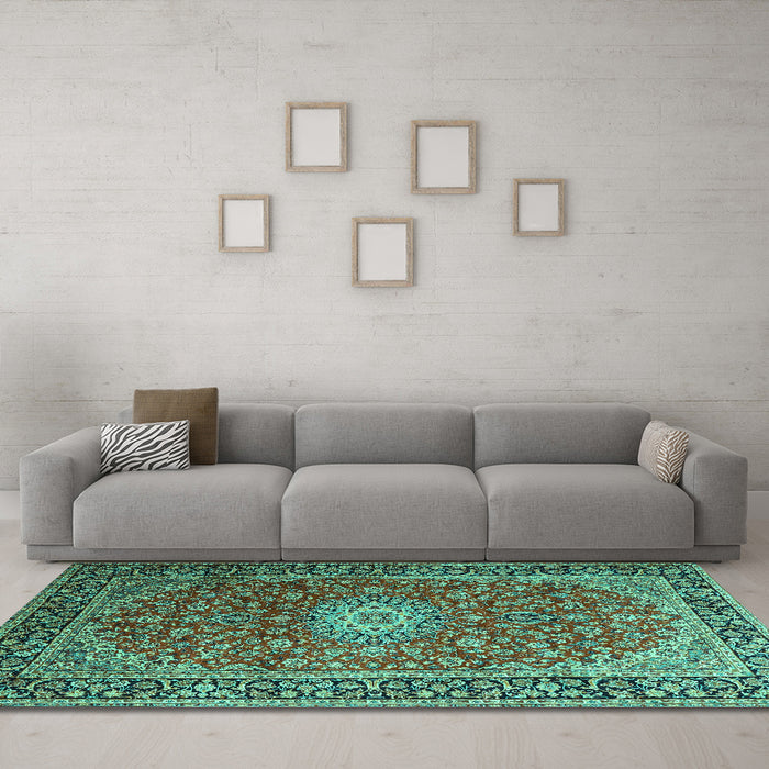 Machine Washable Medallion Turquoise Traditional Area Rugs in a Living Room,, wshtr1197turq