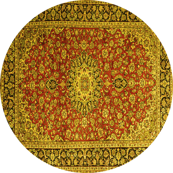 Round Machine Washable Medallion Yellow Traditional Rug, wshtr1197yw