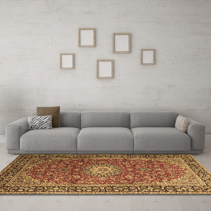 Machine Washable Medallion Brown Traditional Rug in a Living Room,, wshtr1197brn