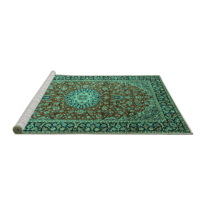 Sideview of Machine Washable Medallion Turquoise Traditional Area Rugs, wshtr1197turq