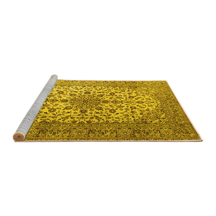 Sideview of Machine Washable Medallion Yellow Traditional Rug, wshtr1198yw