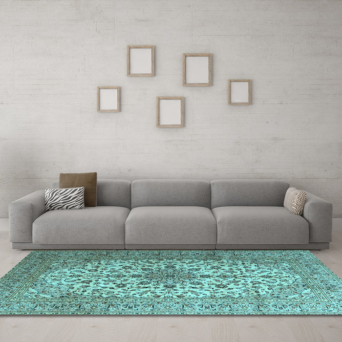 Machine Washable Medallion Light Blue Traditional Rug in a Living Room, wshtr1198lblu