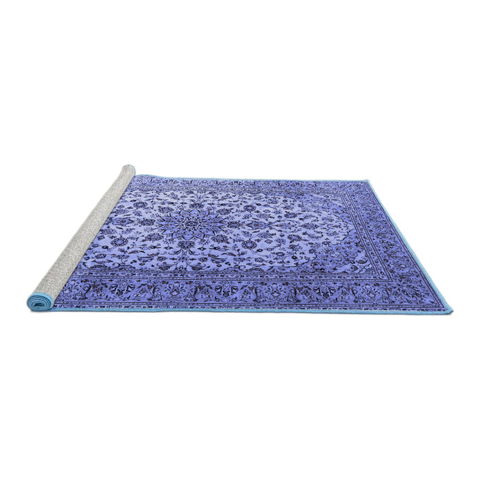 Sideview of Machine Washable Medallion Blue Traditional Rug, wshtr1198blu