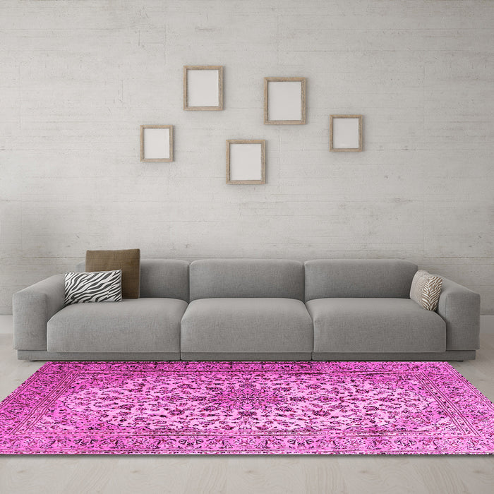 Machine Washable Medallion Pink Traditional Rug in a Living Room, wshtr1198pnk