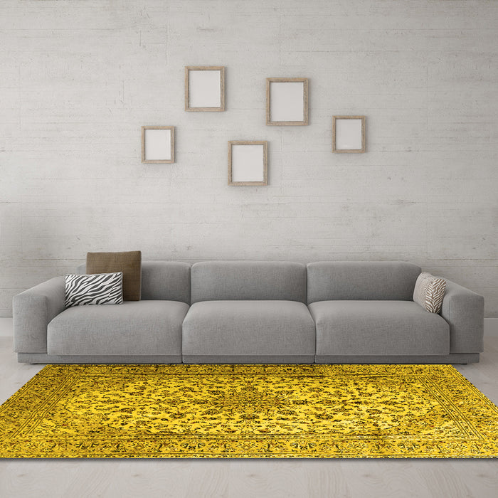 Machine Washable Medallion Yellow Traditional Rug in a Living Room, wshtr1198yw