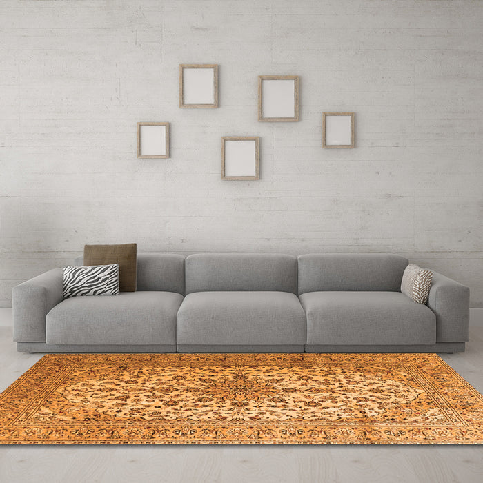 Machine Washable Medallion Orange Traditional Area Rugs in a Living Room, wshtr1198org