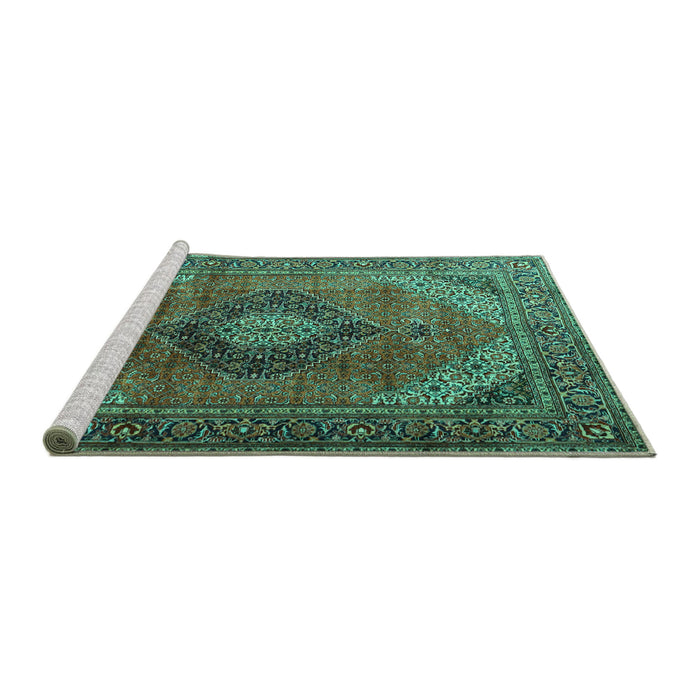 Sideview of Machine Washable Medallion Turquoise Traditional Area Rugs, wshtr1199turq