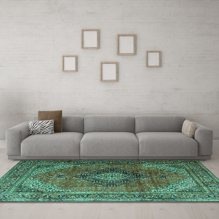 Machine Washable Medallion Turquoise Traditional Area Rugs in a Living Room,, wshtr1199turq