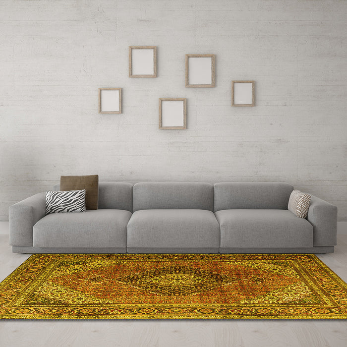 Machine Washable Medallion Yellow Traditional Rug in a Living Room, wshtr1199yw