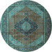 Round Machine Washable Medallion Light Blue Traditional Rug, wshtr1199lblu