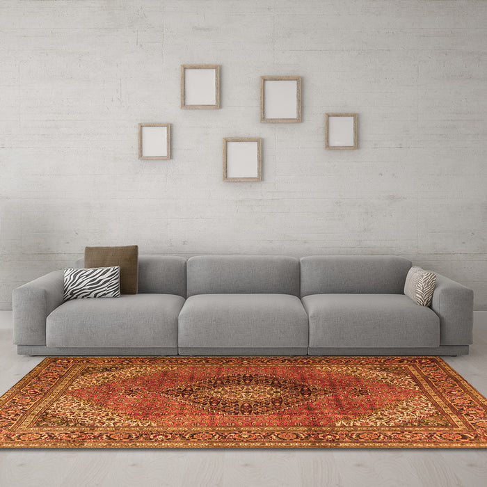Machine Washable Medallion Orange Traditional Area Rugs in a Living Room, wshtr1199org