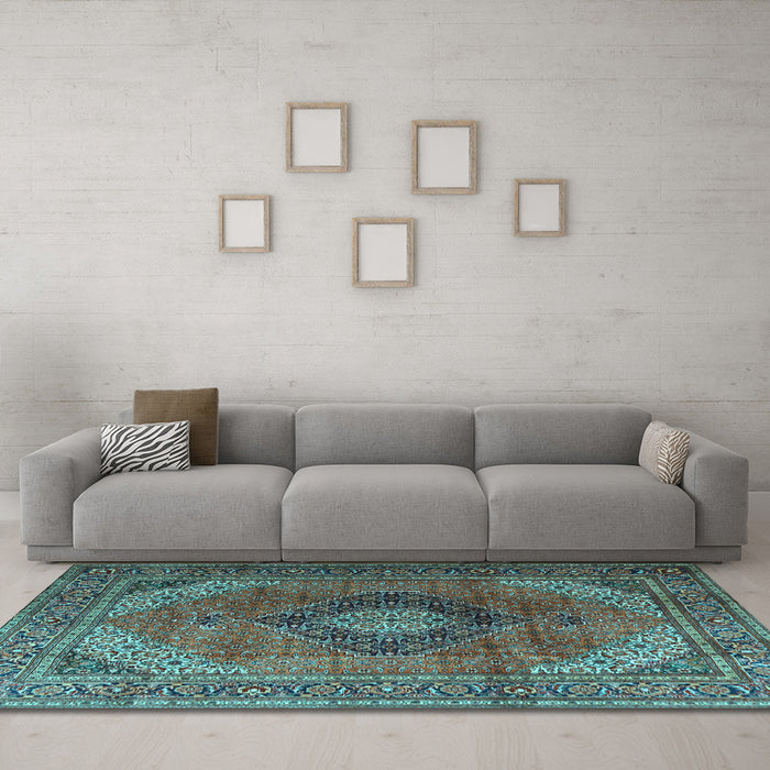 Machine Washable Medallion Light Blue Traditional Rug in a Living Room, wshtr1199lblu
