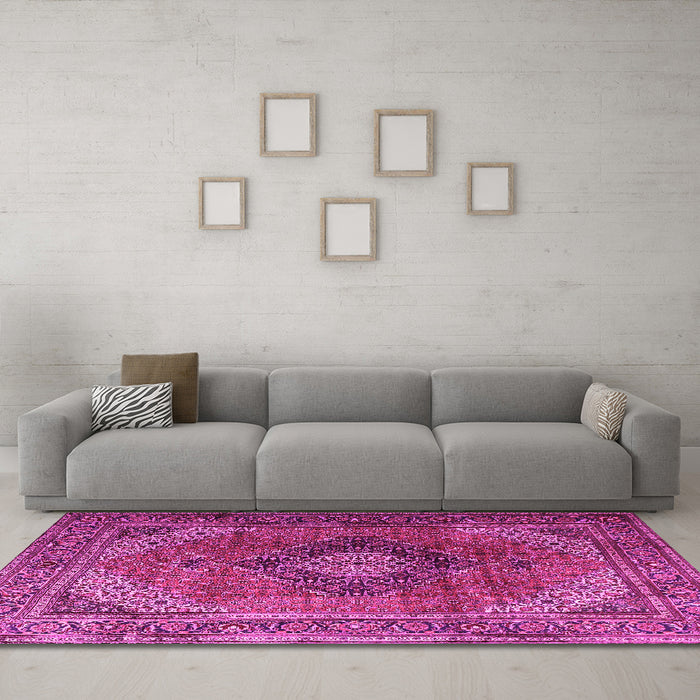 Machine Washable Medallion Pink Traditional Rug in a Living Room, wshtr1199pnk