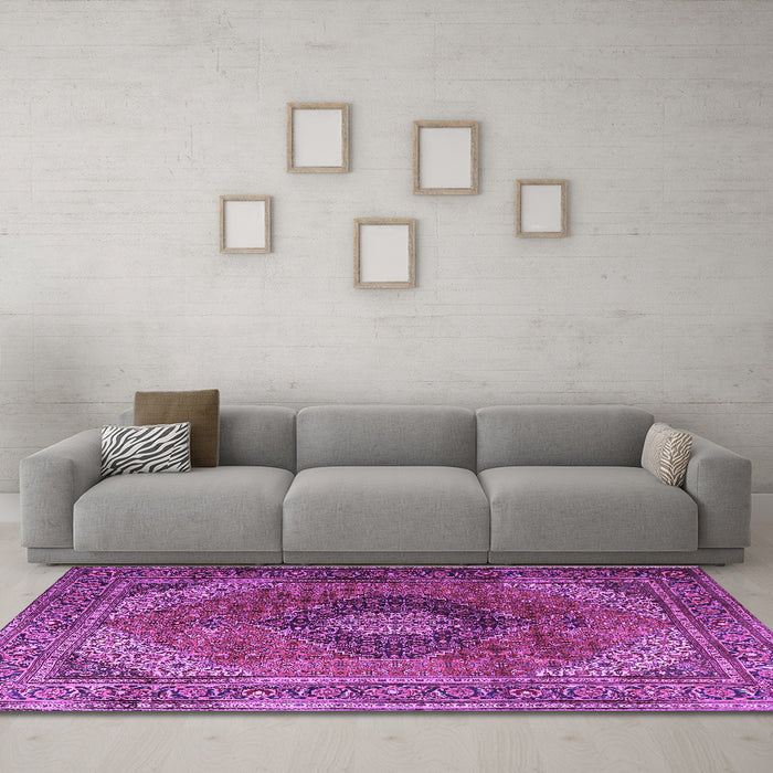 Machine Washable Medallion Purple Traditional Area Rugs in a Living Room, wshtr1199pur