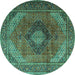 Round Machine Washable Medallion Turquoise Traditional Area Rugs, wshtr1199turq