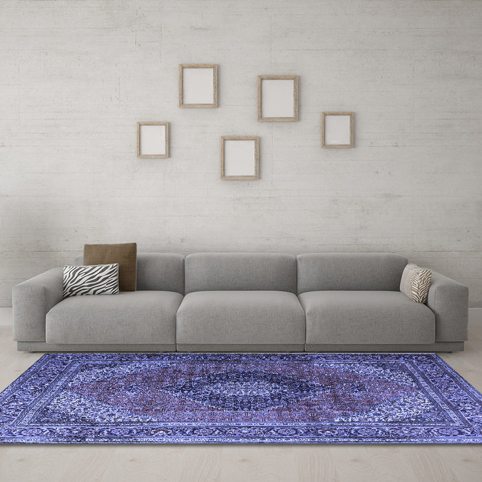 Machine Washable Medallion Blue Traditional Rug in a Living Room, wshtr1199blu