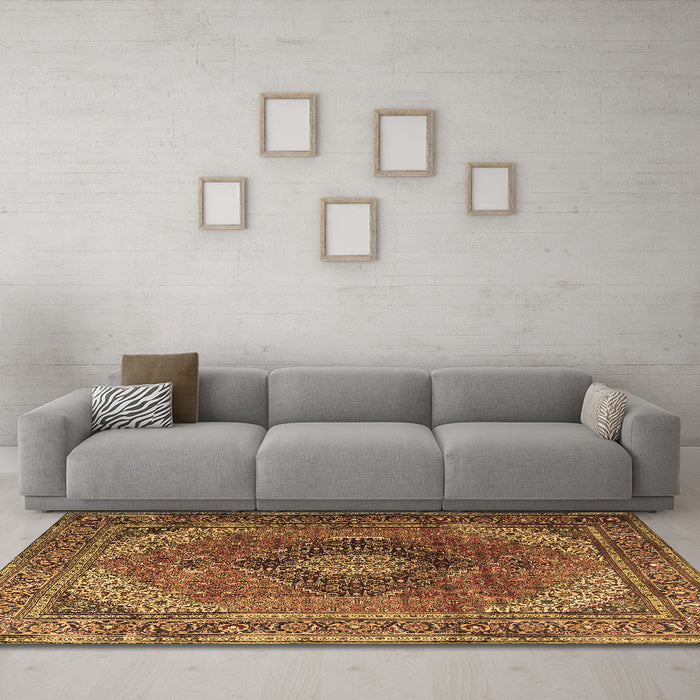 Machine Washable Medallion Brown Traditional Rug in a Living Room,, wshtr1199brn