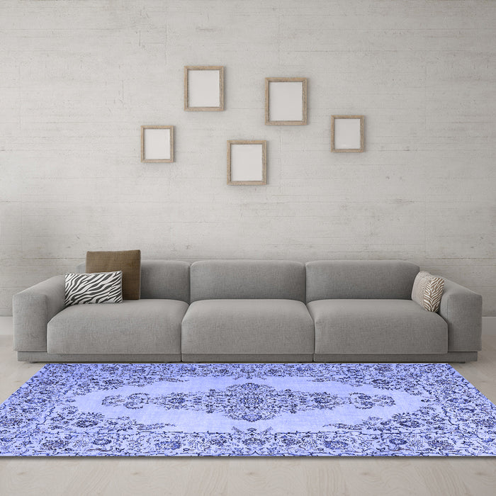 Machine Washable Medallion Blue Traditional Rug in a Living Room, wshtr1200blu