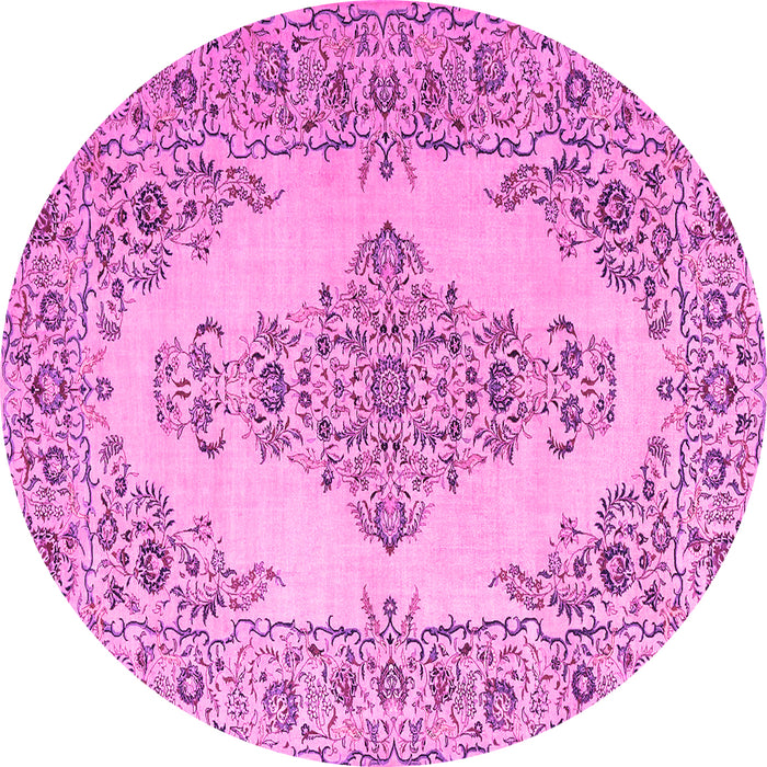 Round Machine Washable Medallion Pink Traditional Rug, wshtr1200pnk