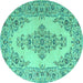 Round Machine Washable Medallion Turquoise Traditional Area Rugs, wshtr1200turq