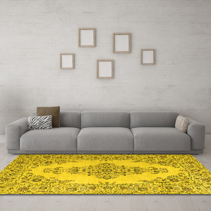 Machine Washable Medallion Yellow Traditional Rug in a Living Room, wshtr1200yw