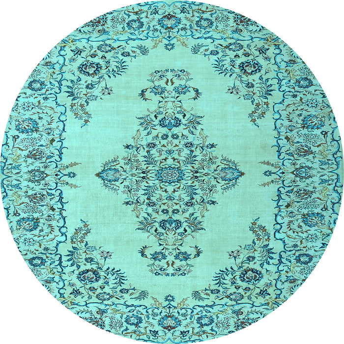 Round Machine Washable Medallion Light Blue Traditional Rug, wshtr1200lblu