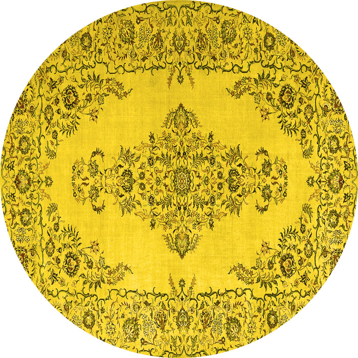Round Machine Washable Medallion Yellow Traditional Rug, wshtr1200yw