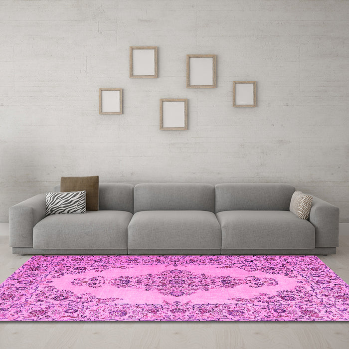 Machine Washable Medallion Pink Traditional Rug in a Living Room, wshtr1200pnk