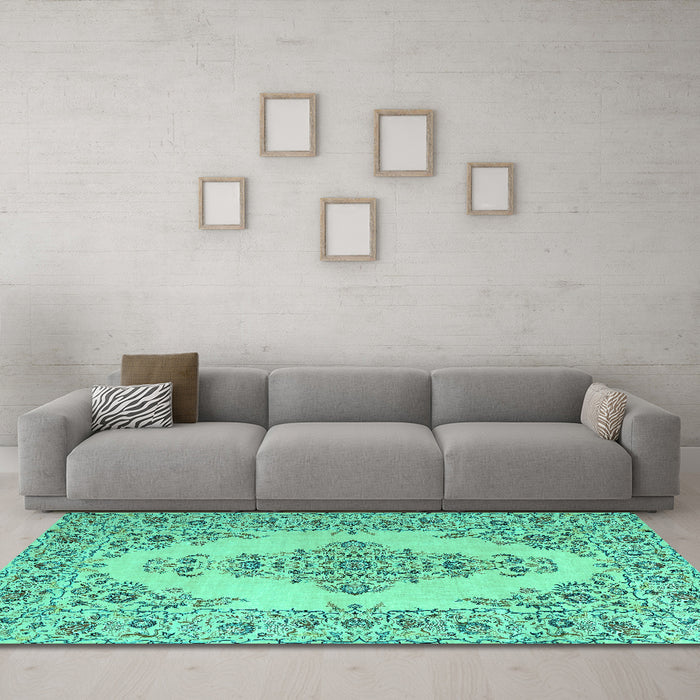 Machine Washable Medallion Turquoise Traditional Area Rugs in a Living Room,, wshtr1200turq
