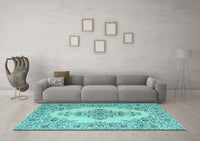 Machine Washable Medallion Light Blue Traditional Rug, wshtr1200lblu