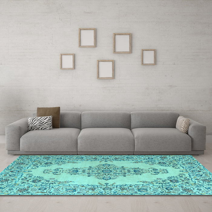 Machine Washable Medallion Light Blue Traditional Rug in a Living Room, wshtr1200lblu