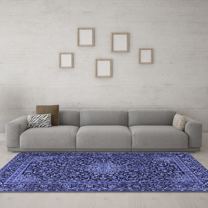 Machine Washable Persian Blue Traditional Rug in a Living Room, wshtr1201blu