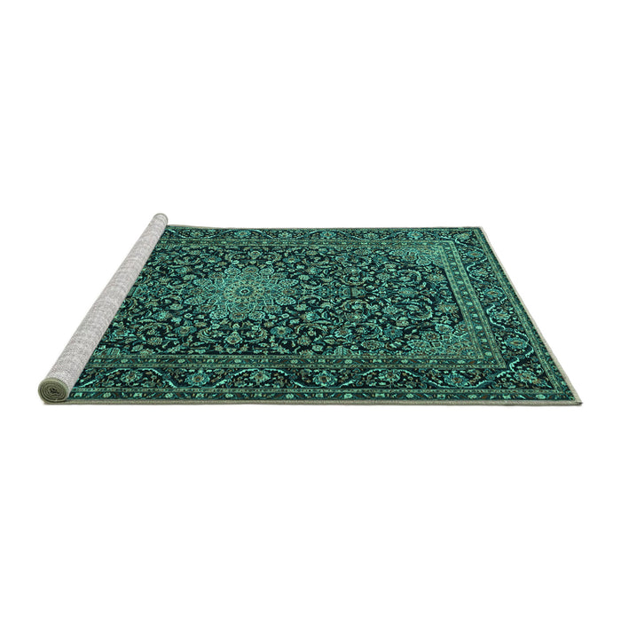 Sideview of Machine Washable Persian Turquoise Traditional Area Rugs, wshtr1201turq