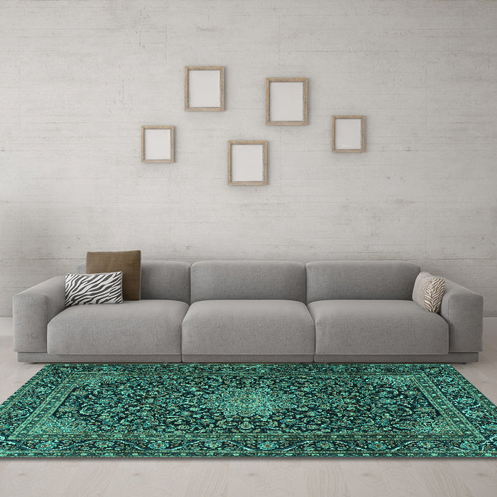 Machine Washable Persian Turquoise Traditional Area Rugs in a Living Room,, wshtr1201turq