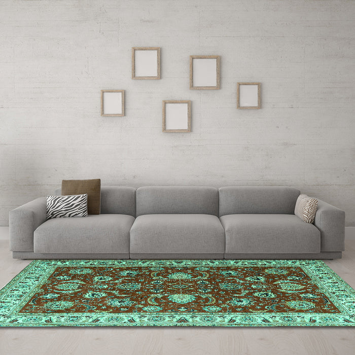 Machine Washable Persian Turquoise Traditional Area Rugs in a Living Room,, wshtr1203turq