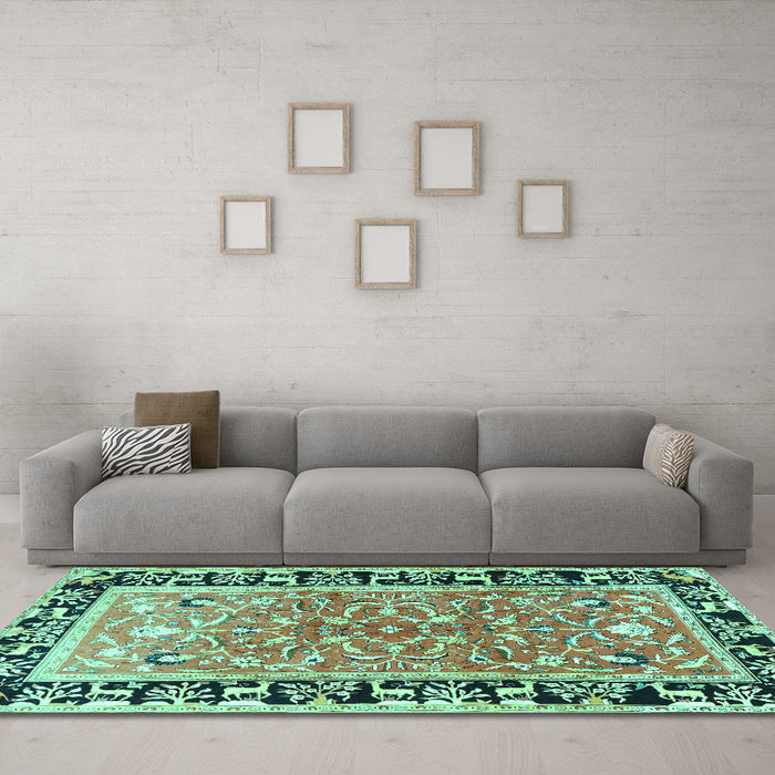 Machine Washable Animal Turquoise Traditional Area Rugs in a Living Room,, wshtr1204turq
