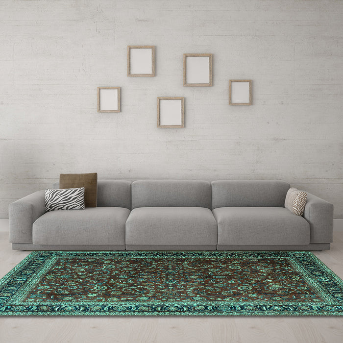 Machine Washable Persian Turquoise Traditional Area Rugs in a Living Room,, wshtr1205turq