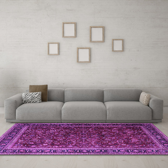 Machine Washable Persian Purple Traditional Area Rugs in a Living Room, wshtr1205pur