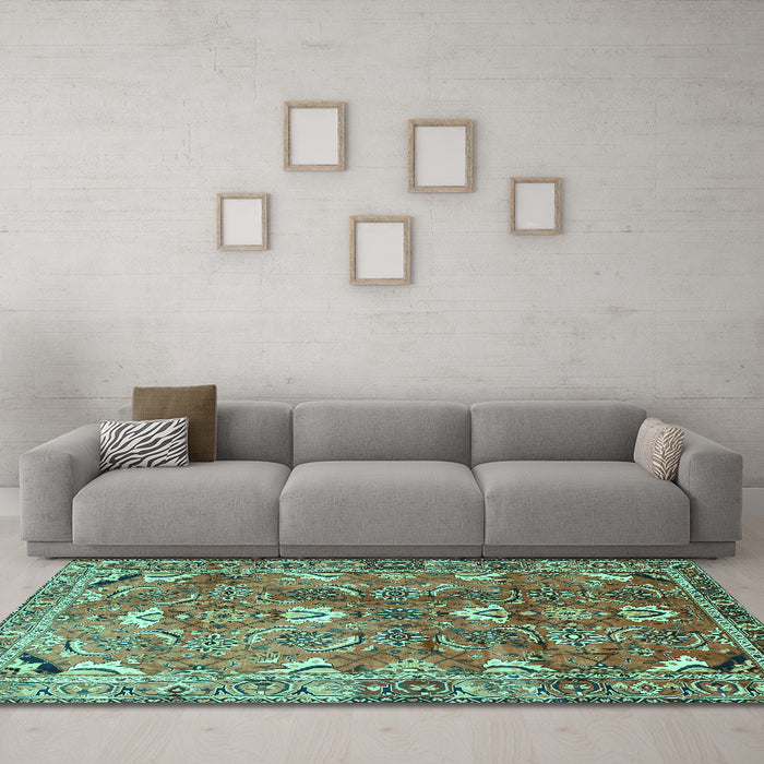 Machine Washable Persian Turquoise Traditional Area Rugs in a Living Room,, wshtr1206turq