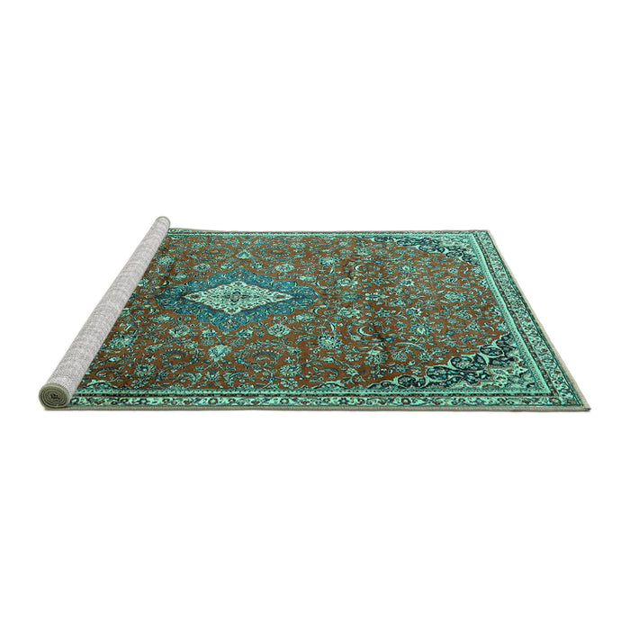 Sideview of Machine Washable Persian Turquoise Traditional Area Rugs, wshtr1207turq