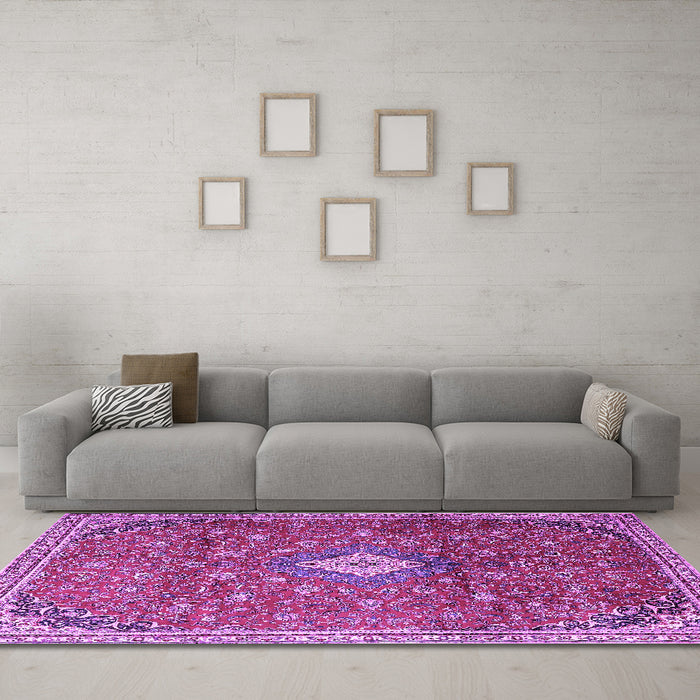 Machine Washable Persian Purple Traditional Area Rugs in a Living Room, wshtr1207pur