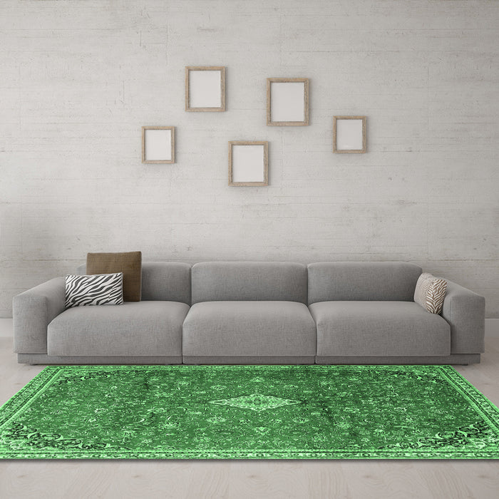 Machine Washable Persian Emerald Green Traditional Area Rugs in a Living Room,, wshtr1207emgrn