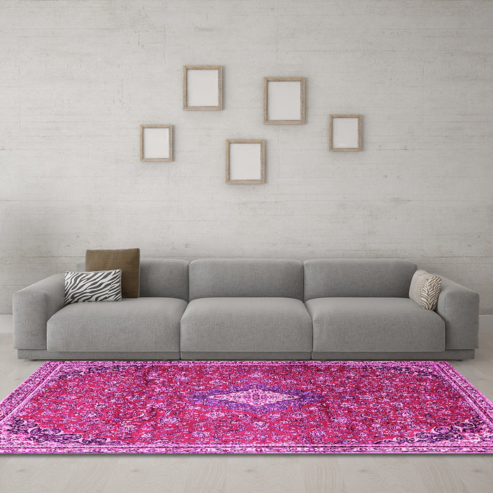 Machine Washable Persian Pink Traditional Rug in a Living Room, wshtr1207pnk