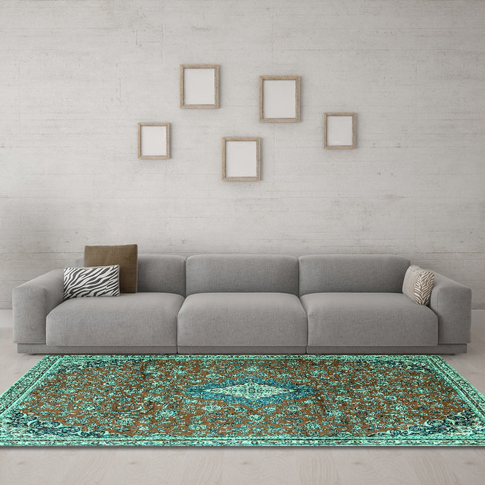 Machine Washable Persian Turquoise Traditional Area Rugs in a Living Room,, wshtr1207turq