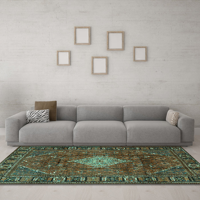 Machine Washable Persian Turquoise Traditional Area Rugs in a Living Room,, wshtr1208turq