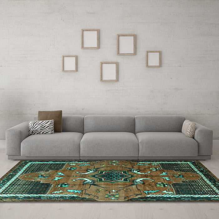Machine Washable Persian Turquoise Traditional Area Rugs in a Living Room,, wshtr1209turq